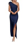 Prettygarden Women's Summer One Shoulder Long Formal Dresses Sleeveless Ruched Bodycon Cocktail Evening Slit Maxi Dress Navy Med