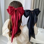 Satin Large Bow Streamer Spring Clip Back Head Elegant Solid Color Bow Top Clip Half Tied Hair Hairpin