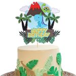 1 Pcs Dinosaur Happy Birthday Cake Topper With Volcano Palm Leaves Tree Cloud Dinosaur Cake Pick For Dino Theme Baby Shower Kids