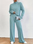 Solid Ribbed Two-piece Set Casual Mock Neck T-Shirt & Wide Leg Pants Outfits Women's Clothing