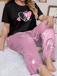 Plus Size Casual Lounge Set Women's Plus Heart Print Short Sleeve Round Neck Tee & Pants Pajamas Two Piece Set