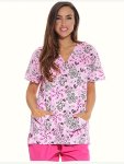 Floral Print V-neck Scrub T-Shirt Casual Short Sleeve Top For Nurse Women's Clothing
