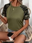 Camo Print Crew Neck T-Shirt Casual Raglan Sleeve Top For Spring & Summer Women's Clothing