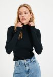 Fitted Small Collar Long Sleeve Ribbed Stretch Knit Blouse - Black