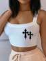 Slaydiva Cross Graphic Crop Camisole Tank Top With Thick Straps Summer Back To School