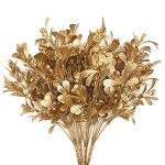 Pasyou Fake Plants Christmas Decorations Golden Artificial Flowers Plastic Grass Shrubs Leaves Indoor Outdoor Home Garden Party