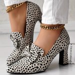Women's Cheetah Print Pumps Rhinestone Bowknot Decor Slip On Shallow Mouth Shoes Point Toe Versatile Chunky Heels