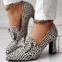 Women's Cheetah Print Pumps Rhinestone Bowknot Decor Slip On Shallow Mouth Shoes Point Toe Versatile Chunky Heels