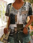 Retro Allover Print V Neck T-Shirt Casual Short Sleeve T-Shirt For Spring & Summer Women's Clothing