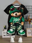 Boy's 2-PIECE Casual Co Ord Set Cool Bear Print Versatile Short Sleeve Tee And Shorts Comfy Summer Clothes