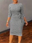 Plus Size Houndstooth Print Belted Dress Casual Crew Neck Long Sleeve Dress Women's Plus Size Clothing