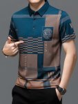Men's Irregular Geometric Pattern And Alphabet Print Sports Shirt With Henley Neck Lapel Collar And Short Sleeve Casual And Chic