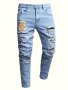 Men's Slim Fit Distressed Ripped Jeans Cute Bear Embroidered Detail Fashion Denim Pants For Men Versatile For All Seasons