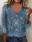 Floral Print V Neck T-Shirt Casual Three-quarter Sleeve T-Shirt For Spring & Summer Women's Clothing