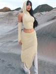 Stylish Solid Slim Two-piece Skirt Set Crop Backless Hooded Top & Split Hem Skirt Outfits Women's Clothing