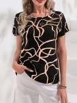 Ripple Pattern Crew Neck Shirt Casual Short Sleeve Slim Color Block Shirt For Spring & Summer Women's Clothing