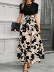 Floral Print Crew Neck Dress Elegant Short Sleeve Tie Waist A-line Ankle Length Dress For Spring & Summer Women's Clothing