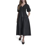 Rib Henley Midi Dress With Puff Sleeves -black