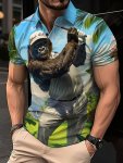 Plus Size Men's Gorilla Print Golf Shirt Casual Breathable Short Sleeve Shirt For Vacation And Sports
