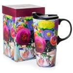 Topadorn Ceramic Travel Mug Large Coffee Mug With Lid & Handle Ceramic Latte Mug With Matching Box Flower