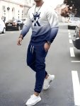 2-PIECE Men's Gradient Sports Outfit Set Alphabet "k" Print Long Sleeve Round Neck Sweatshirt & Drawstring Sweatpants Set For Sp