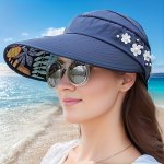 Chic Foldable Beaded Flower Sun Hat - Stylish Knitted Women's Uv Protection Visors Durable And Comfortable Outdoor Wear