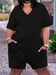 Plus Size Solid Pocket Romper Jumpsuit Casual Short Sleeve V Neck Romper Jumpsuit Women's Plus Size Clothing