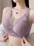 Simple Solid Floral Lace Bow Bra Comfy & Breathable Full Coverage Bra Women's Lingerie & Underwear