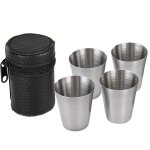 4PCS SET Stainless Steel Cups Unbreakable And Stackable Metal Drinking Glasses With Black Pu Leather Case Ideal For Party Outdoo