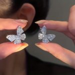 Trendy Luxury Stud Earrings Butterfly Shaped Full Rhinestone Decor Stud Earrings Silvery Earrings Jewelry For Women