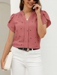 Dot Print Petal Sleeve Blouse Elegant V-neck Short Sleeve Blouse Women's Clothing