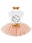 Cute & Sweet Party Birthday Baby Girls Gown Dress "1ST Birthday" Letter Graphic Romper & Lace Puffy Skirt & Hairband 3PCS Set Coquette Style