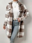 Plaid Pattern Teddy Coat Elegant Open Front Long Sleeve Outerwear Women's Clothing