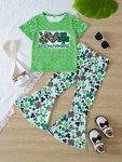 Girls 2PCS Peace Love Irish Print Outfits Shamrock Graphic Set Spring Summer St. Patrick's Day