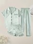 Women's Solid Satin Casual Pajama Set Short Sleeve Buttons Lapel Top & Shorts & Pants Comfortable Relaxed Fit