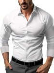 Men's Cotton Blend Solid Color Long Sleeve Single Breasted Lapel Shirt Male's Slim Fit Dress Shirt For Business And Formal Occas