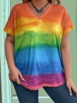 Plus Size Rainbow Print V Neck T-Shirt Casual Short Sleeve T-Shirt For Spring & Summer Women's Plus Size Clothing