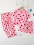Cute Sister Outfit 3 Pcs Girl's Casual Underwear Set Cute Heart Print Short Sleeve T-Shirt & Shorts& Long Pants Comfy & Skin-fri