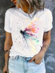 Butterfly Print Crew Neck T-Shirt Casual Short Sleeve Top For Spring & Fall Women's Clothing