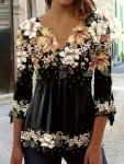 Floral Print Notched Neck T-Shirt Elegant 3 4 Sleeve Top Women's Clothing