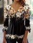 Floral Print Notched Neck T-Shirt Elegant 3/4 Sleeve Top Women's Clothing