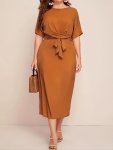 Solid Tie Waist Elegant Dress Half Sleeve Slim Dress For Spring & Fall Women's Clothing