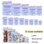50PCS/100PCS Resealable Mylar Bags - 13 Assorted Sizes In Metallic Foil Holographic Packaging - Clear Front Ziplock Bags For Dur