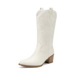 Dream Pairs Cowboy Boots For Women Cowgirl Western Boots Fashion Embroidery Stitched Chunky Heel Mid Calf Boots Size 7.5 All Whi