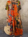 Floral Print Crew Neck Dress Casual Short Sleeve Dress For Spring & Summer Women's Clothing