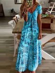 Plus Size Floral Print Ankle Dress Casual V Neck Short Sleeve Dress For Spring & Summer Women's Plus Size Clothing