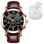 Men's Business Watch And Bluetooth Earbuds Set - Quartz Leather Strap Watch