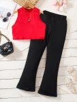 8-12Y Girl's Sleeveless Solid Short Tank Top And Solid Color Flared Trousers Two-piece Summer Suit