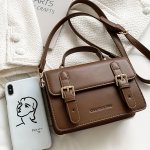 Preppy Solid Color Shoulder Square Bag Buckles Decor Flap Crossbody Bag Brown Wallet Back To School