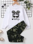 2PC Girls Kidlife Print Crew Neck Sweatshirt & Camouflage Jogger Pants Casual Outfits Fall Winter Kids Clothes